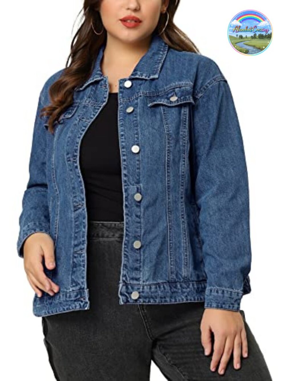 Women Plus Size Button Stitching Washed Denim Jacket Casual Long Sleeve